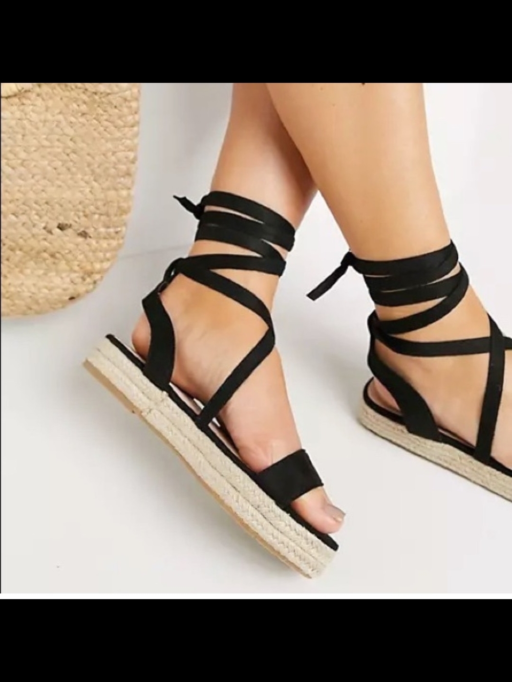 PrettyLittleThing Black Tie Leg Wrap Espadrille Sandals Size 7.5